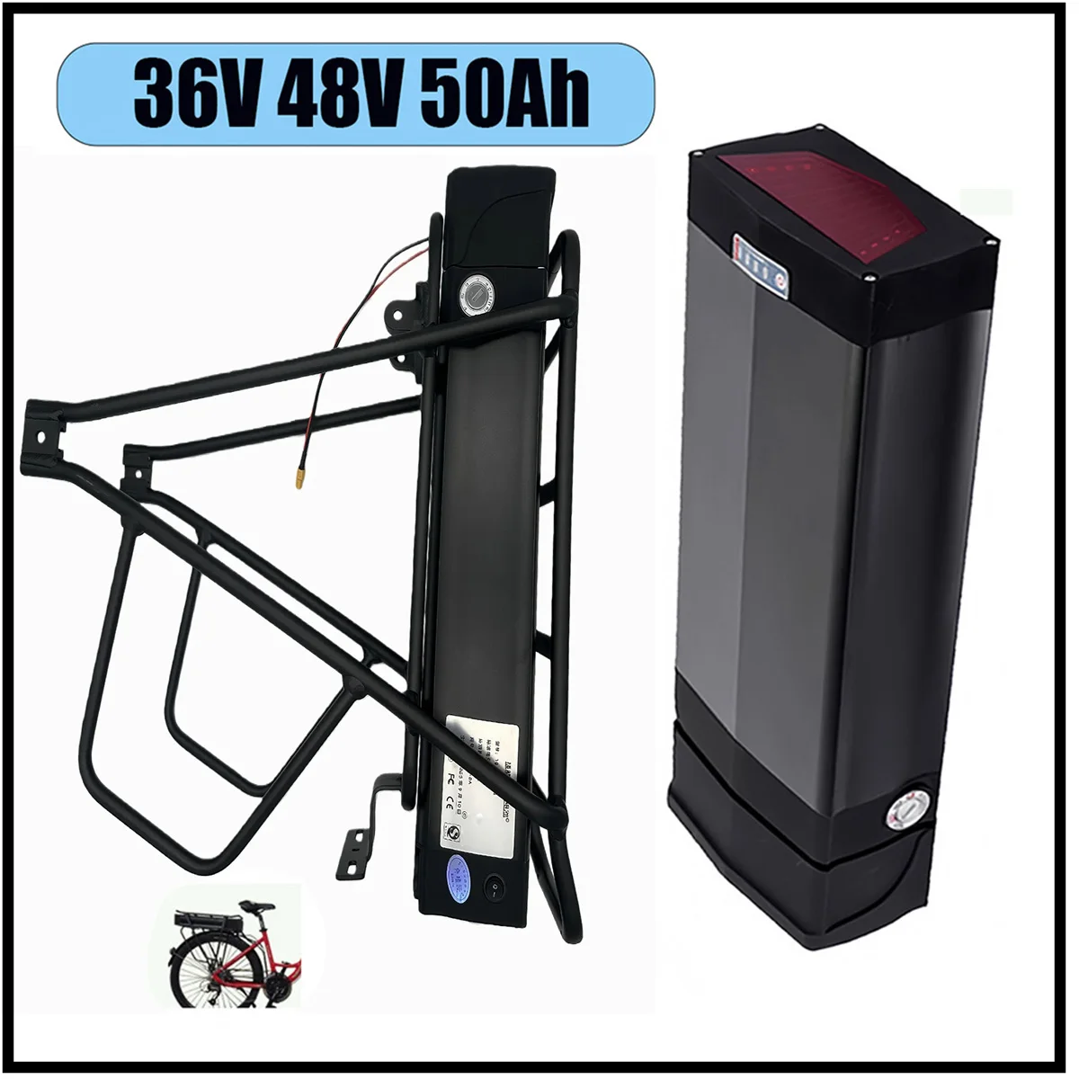 High Qual Battery 48V 36V High Quality 50Ah Rear Rack Battery Pack for 2000W 1500W 1000W 750W 500W Motor + Charger USB