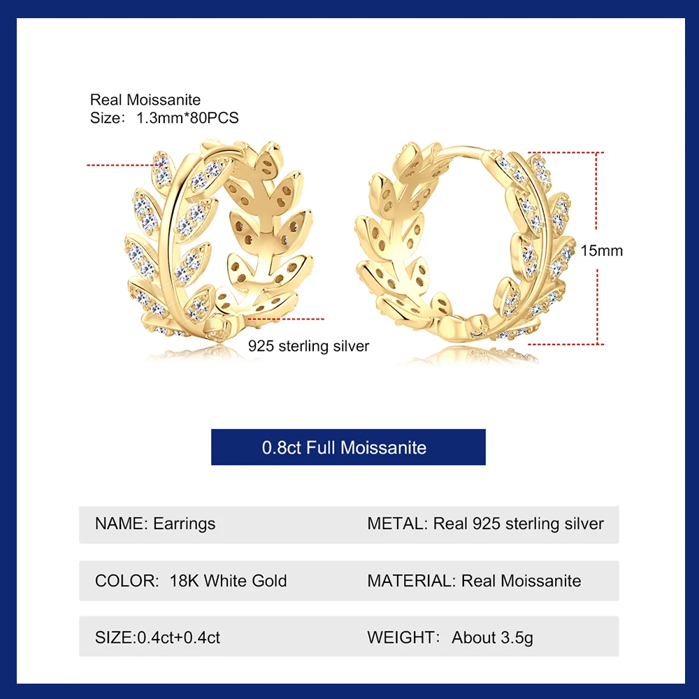 Sweetrain Leaves Full Moissanite Hoop Earrings for Women 18K Yellow Gold Plated 925 Silver Exquisite Earring Girl Birthday Gift