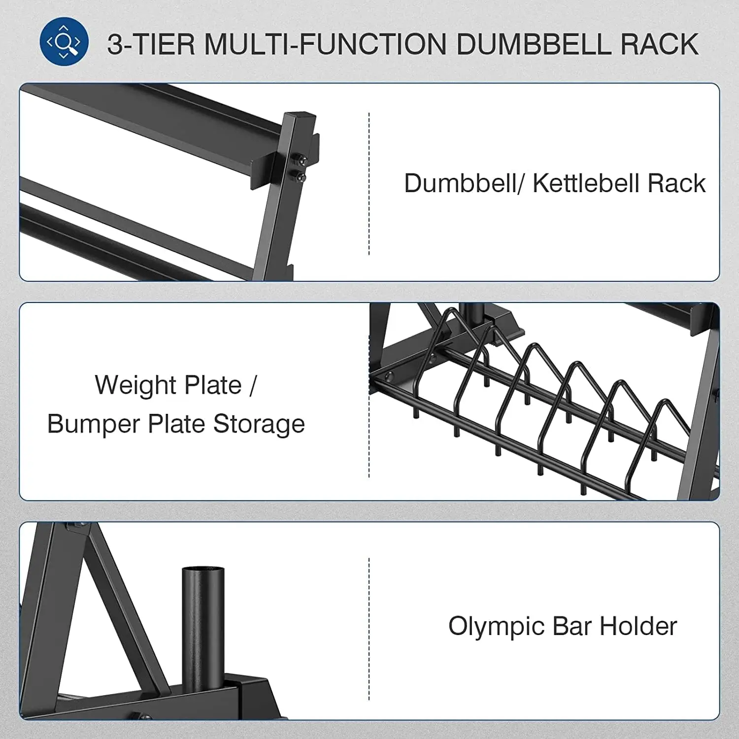 Rack 3-Tier Weight Plate Rack Storage Stand for Dumbbell/Kettlebell/Weight Plate and Curl Bar