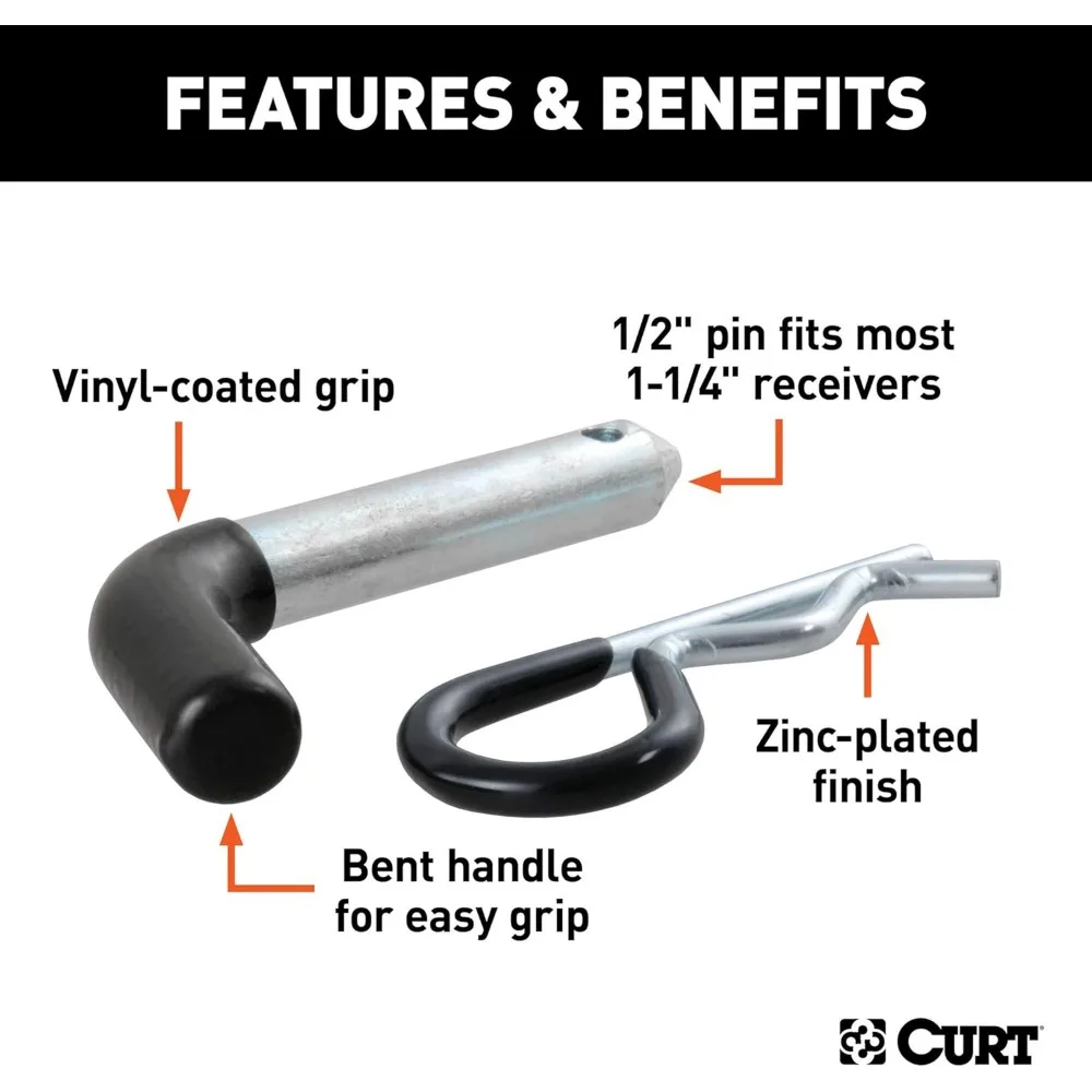 Pin & Klip Hitch Trailer 1/2-Inch dengan Pegangan Berlapis Vinyl, Cocok untuk Receiver 1-1/4-Inch, Finishing Seng Bening