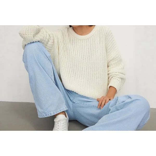 Elegant Sweater for Women 2025 Autumn Winter New Oversized Crew Neck Lantern Sleeve Knit Pullover Casual Loose Long Sleeves Tops