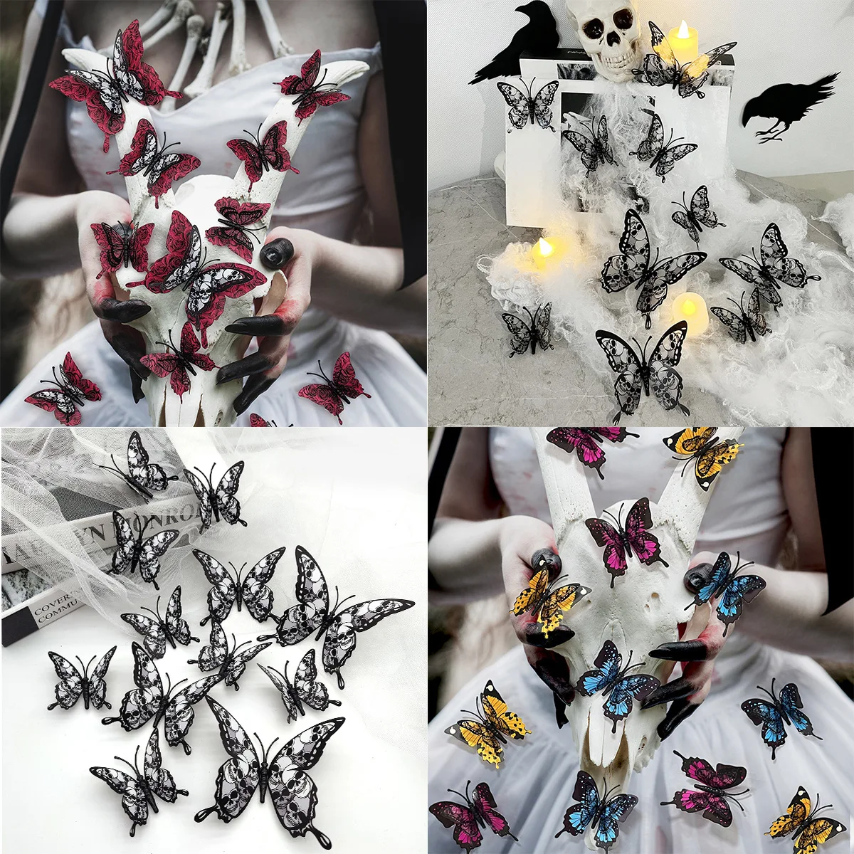 12pcs/set Halloween 3D Double-Layer Stickers Butterfly Bat Skull Rose Wall Stickers Halloween Ghost Festival Party Decor Home