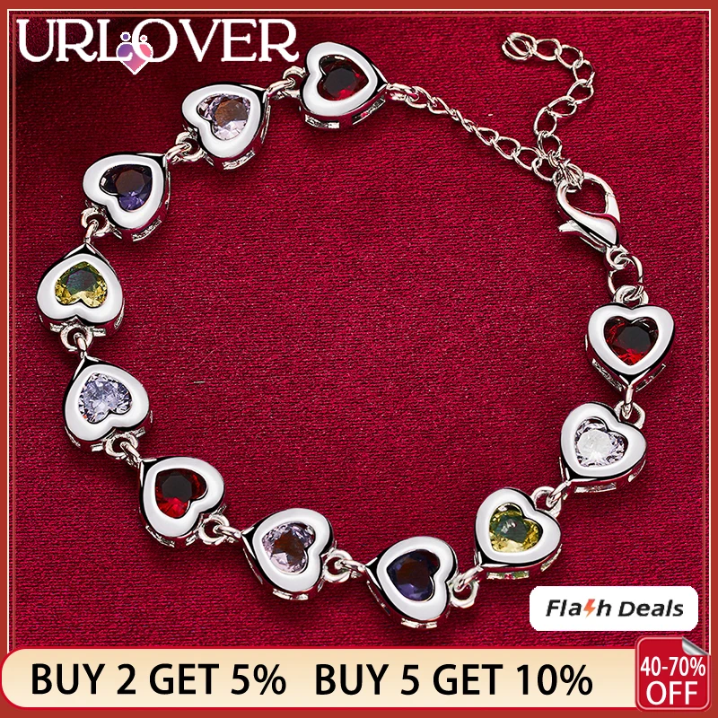 

URLOVER 925 Sterling Silver 24k Gold Bracelet For Woman Colored Zircon Crystal Heart Chain Bracelets Lady Party Birthday Jewelry