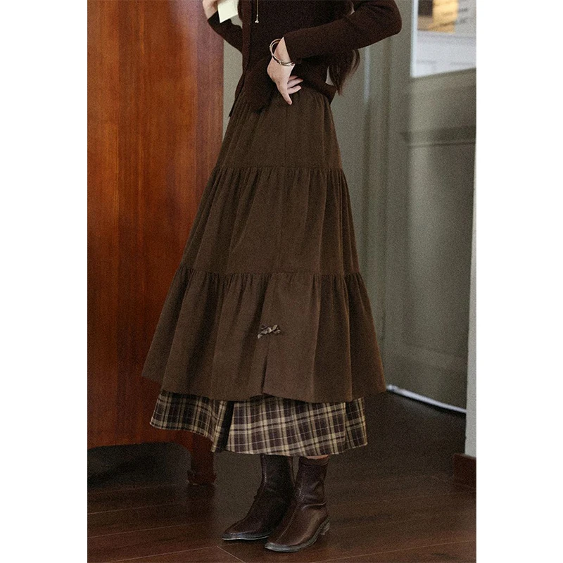 MEXZT Gonna longuette in velluto a coste vintage Donna Harajuku Bow Plaid Patchwork Gonne nere Inverno giapponese Streetwear Casual Faldas Nuovo