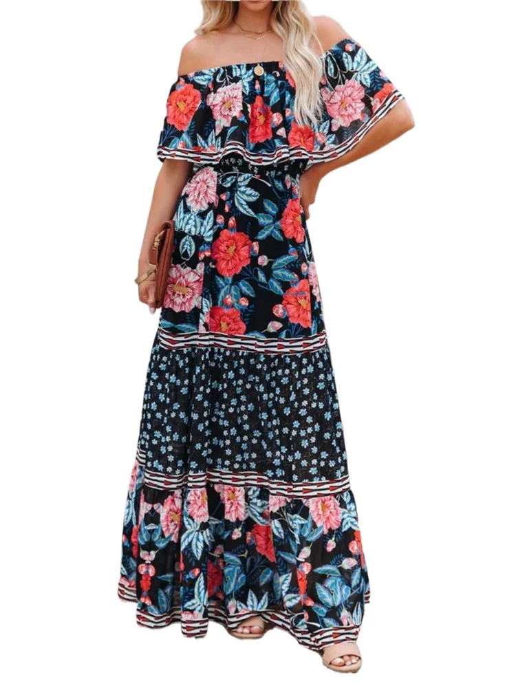 Vestidos largos con hombros descubiertos y estampado de flores para mujer Primavera Verano nueva moda temperamento cintura alta vestido Leace-up Vestidos femeninos