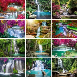 Summer Natural Scenery Backdrop Waterfall Flowers Trees Lake  Landscape Decor Photography Background Portrait Photophone Props