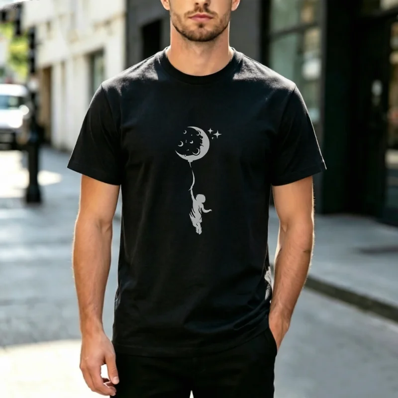 Minimalist Silhouette Art Kid Hanging Moon Balloon Star Graphic Short Sleeve T Shirt Men Women Cotton Daily Dream Street Casual