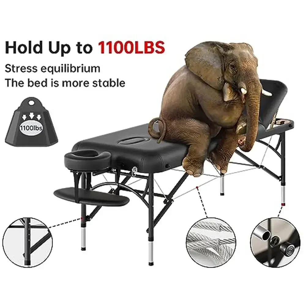 3-Folding Portable Massage Table Professional Facial Salon Spa Tattoo Bed Height Adjustable Lightweight Carry Bag Included