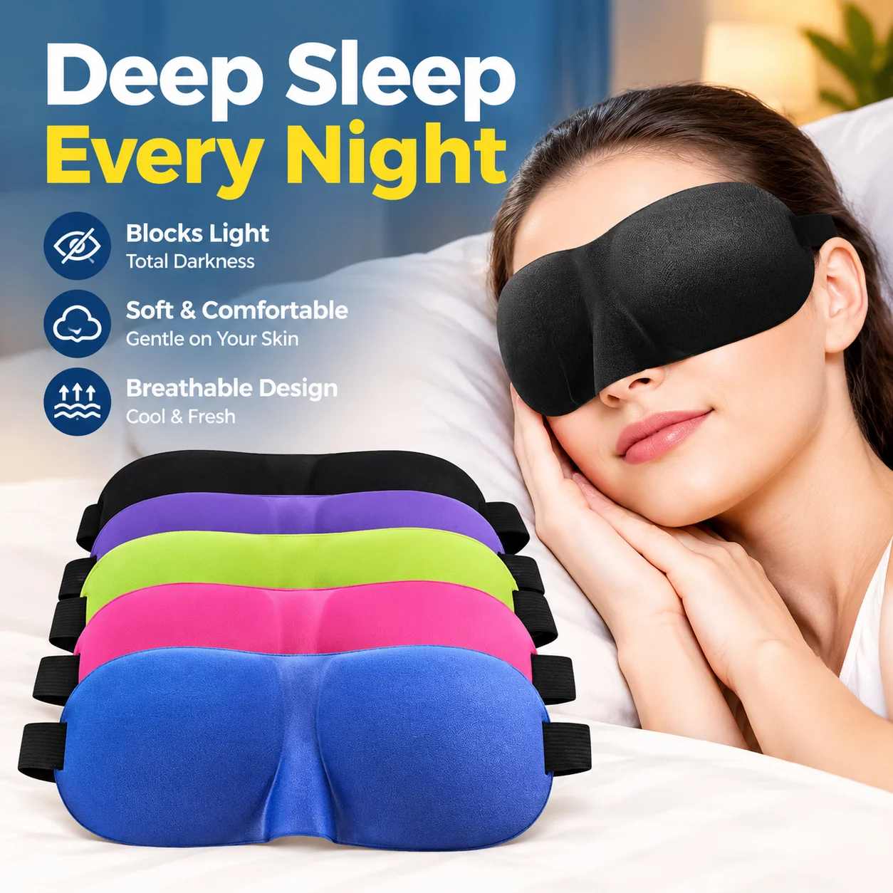 3D Contoured Sleep Eye Mask Breathable Light Blocking Blindfold Eye Cover with Adjustable Band for Women Men Night Sleep