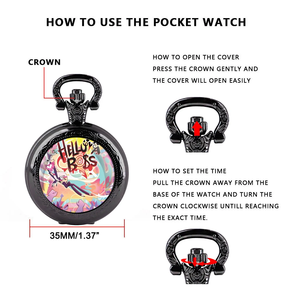 Hot Cartoon Helluva Boss Glass Dome Pocket Watch with Chain Necklace Vintage Quartz Pendant Watches Mens Women Gifts for Kids