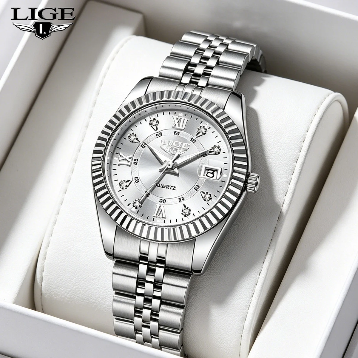 LIGE Top Luxury Watch For Women Waterproof Stainless Steel Luminous Date Ladies Watch Quartz Fashion Elegant Women's Watches Box
