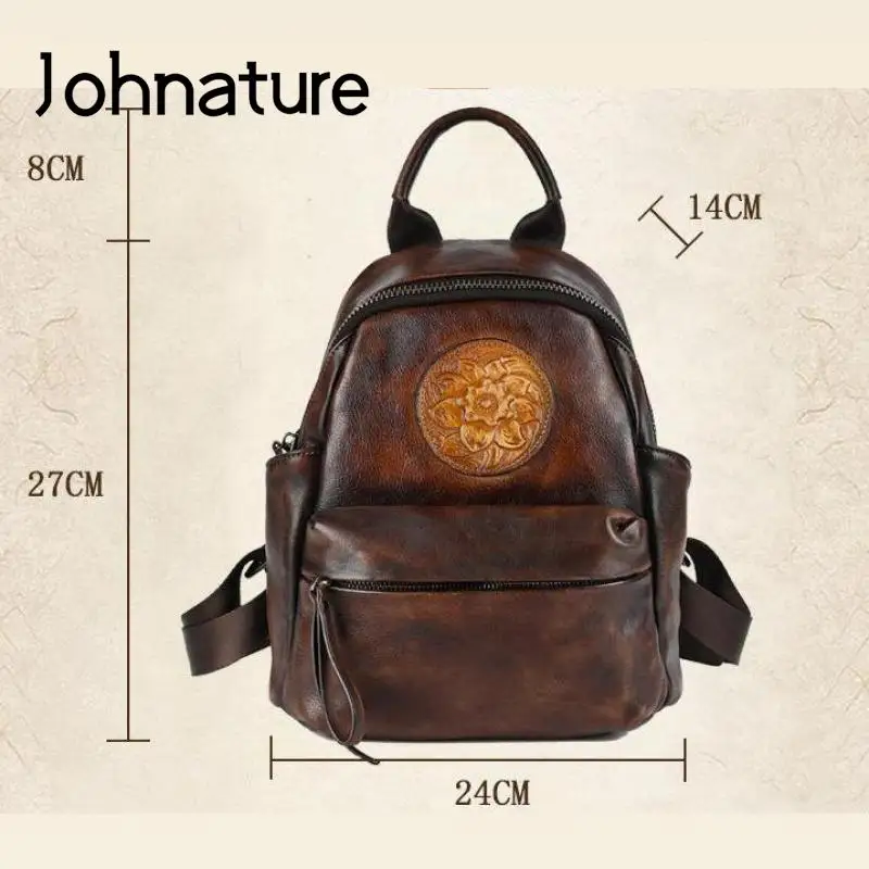 Johnature Ransel Wanita Kulit Asli Retro Tas Timbul Gambar Tangan Ransel Perjalanan Kapasitas Besar Kulit Sapi Asli Lembut