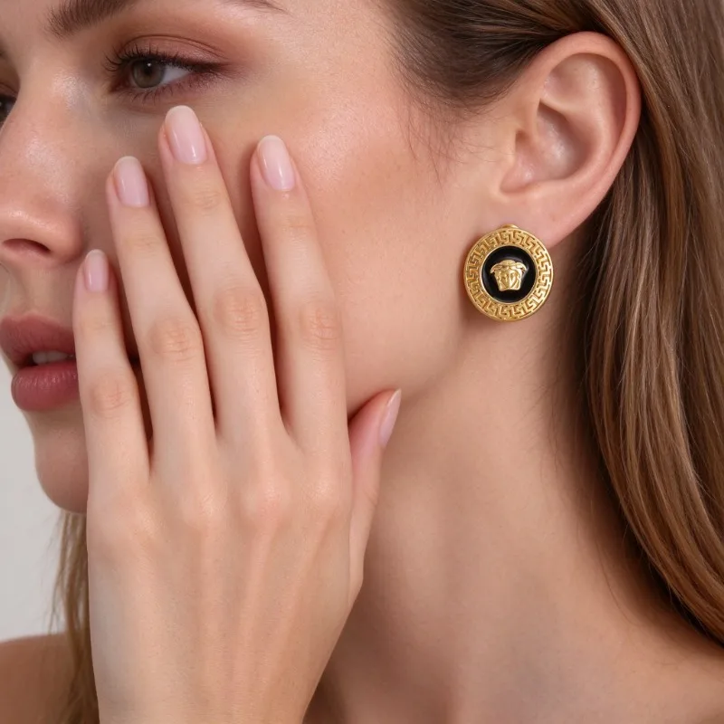 Retro Baroque Portrait Relief Stud Earrings for Women, Antique Gold Metal Greca Pattern Carved Ear Jewelry, Hypoallergenic Statement Earrings for Party Banquet Daily Wear Fashion Gift
