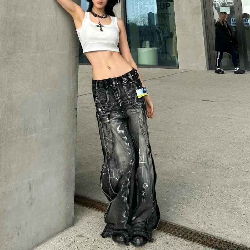 

American Retro Dirty Graffiti Jeans Men's and Women's Summer High Street Wide-leg Floor-length Trousers