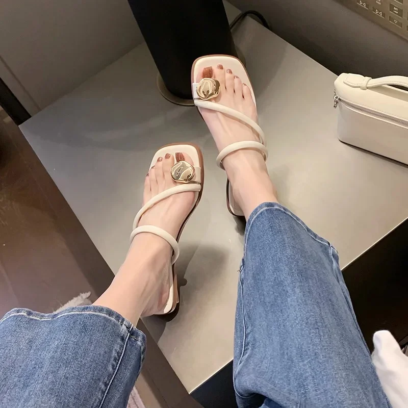 2024 Summer Women 2cm Square Toe Low Heels Shoes Female Metal Decoration Open Toe Slippers Lady Outside Casual Slip On Slides