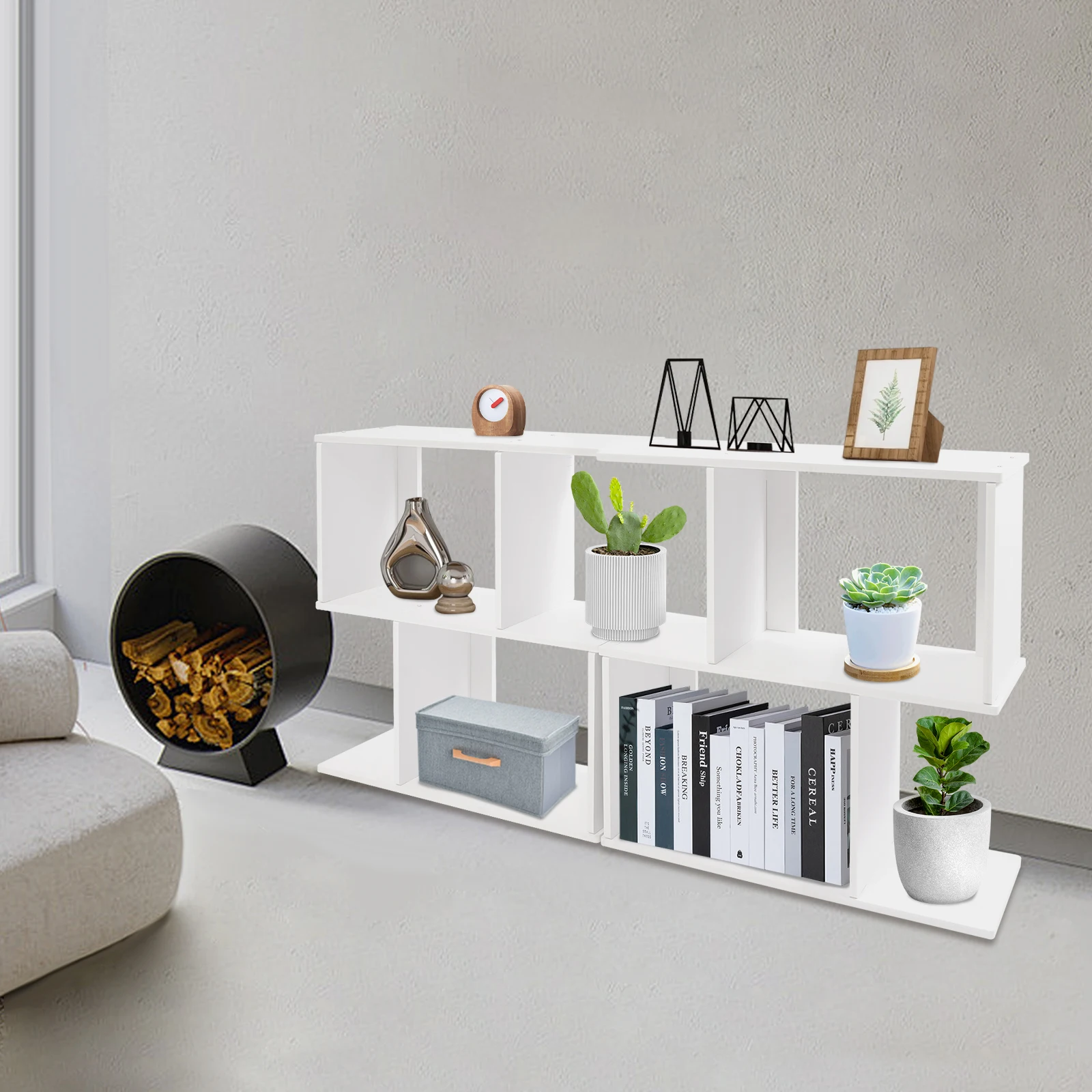 

61*20,35*62,5 см 2-уровневая книжная полка с геометрическим рисунком, современная белая отдельно стоящая полка для витрины, отдельно стоящий Z-образный открытый книжный шкаф