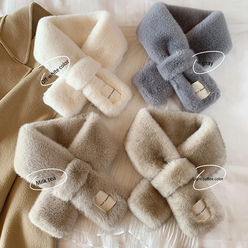 Fluffy Fur Collar Scarf Women Keep Warm Thickening Fur Sjaal Colorful Cross Winter Scarf Autumn Winter Faux Fur Plush Elega