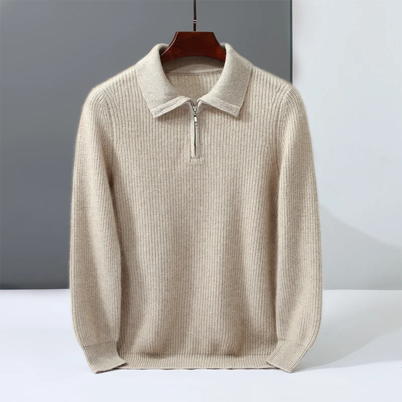 

Autumn Winter 100%Goat Cashmere Sweater Men POLO Neck Color Matching Pullover Knitting Tops Shirt Loose New Casual High-End Tops
