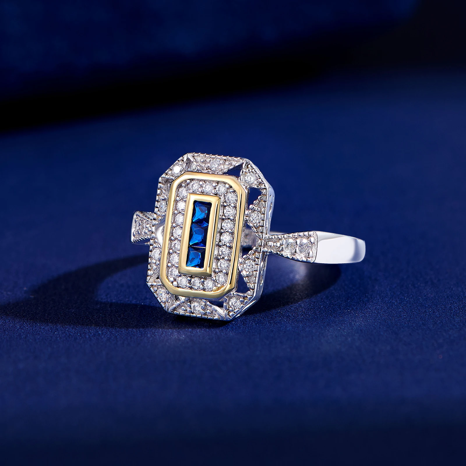 Newshe Vintage Engagement Wedding Rings for Women Real 925 Sterling Silver White & Gold Color Blue AAAAA Zircon Cocktail Ring