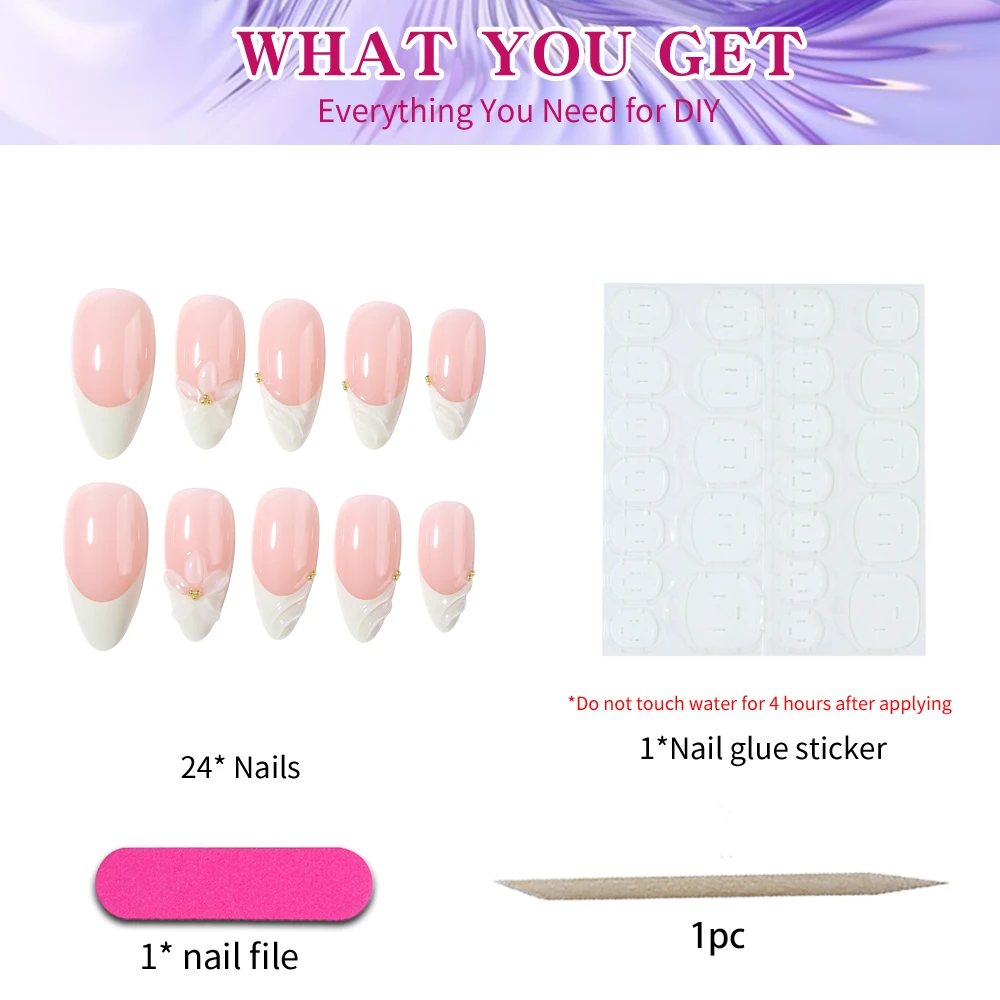 24pcs Almond 3d gel nails Whale pattern Decorate with Pearl blue French Tip Press On Nails ，Ocean style, summer nails, travel view 5