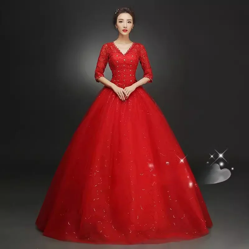 It\'s Yiiya Red Wedding Dresses Lace Crystal V-neck Half Sleeves Sequins Bling Princess Floor-length Plus size Bride Ball Gowns