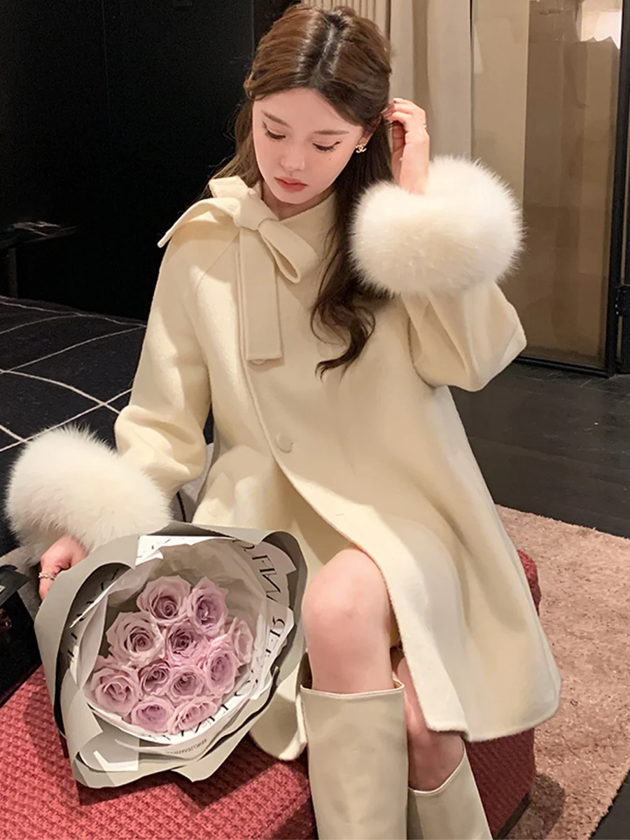 

Fall Winter Korean Style Woolen Coat Hepburn Style Medium Length Cowl Neck Wrap Dress for Short Women Elegant Fashionable