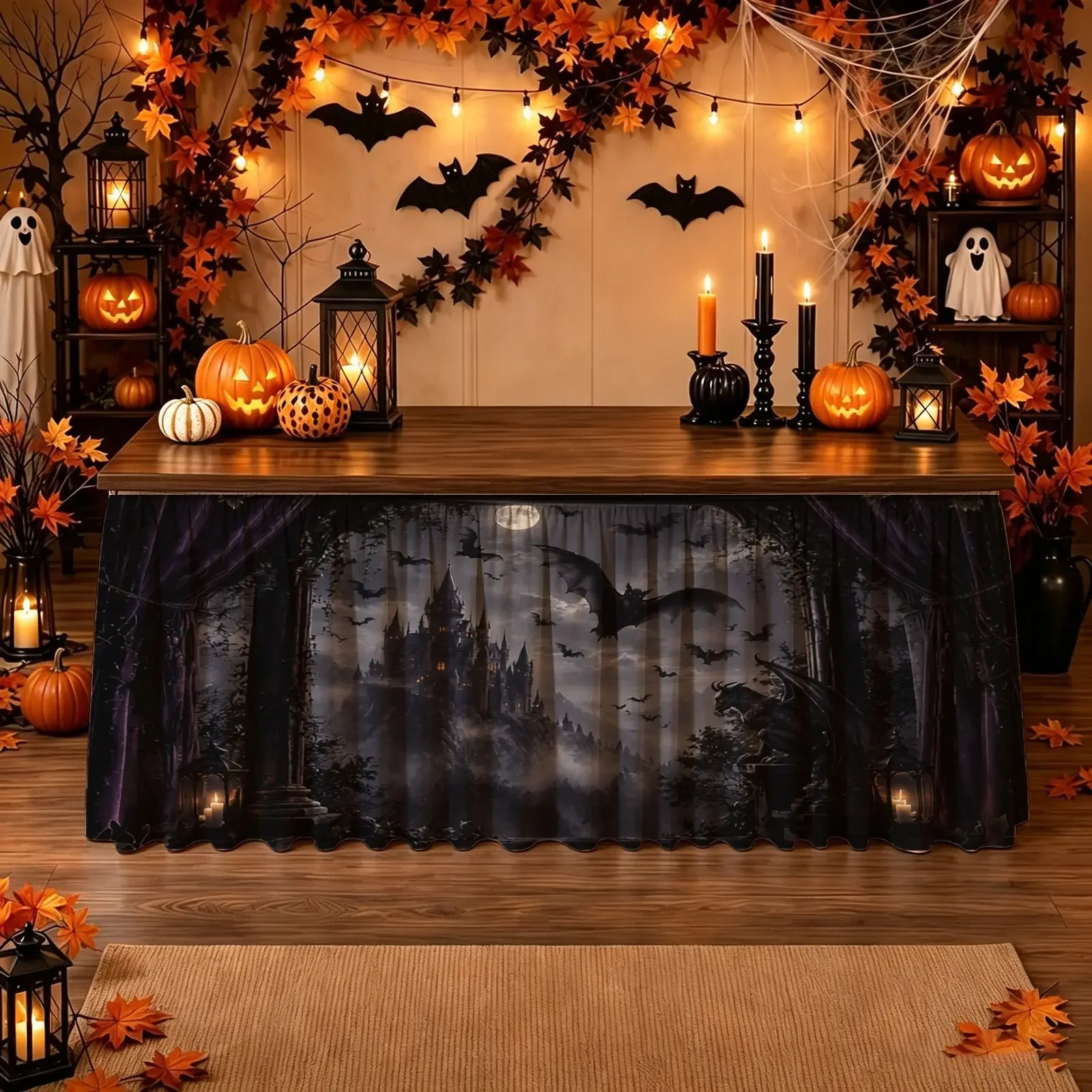One Gothic castle tablecloth with bat print - rectangular mechanism tablecloth, suitable for Halloween