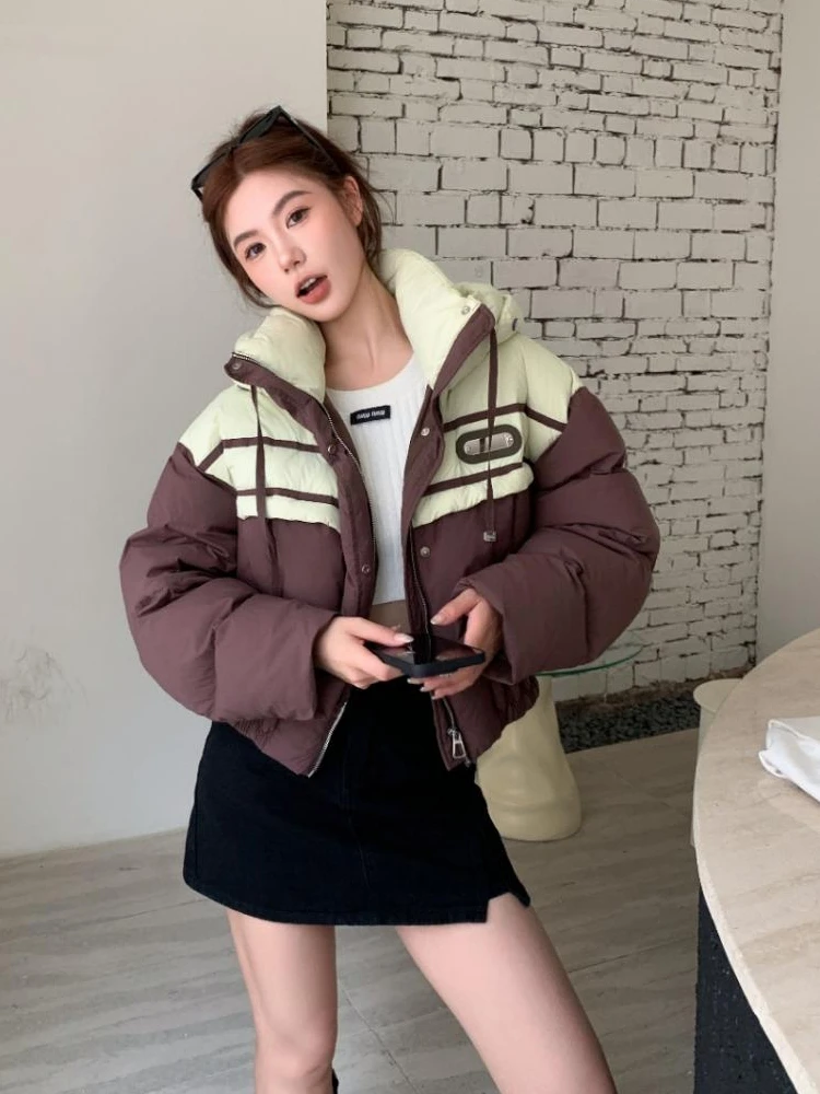 

Winter Coats for Women Puffy White Duck Down Hooded Loose Down Jackets Stylish Casual Patchwork Color Collision Puffer Jacket