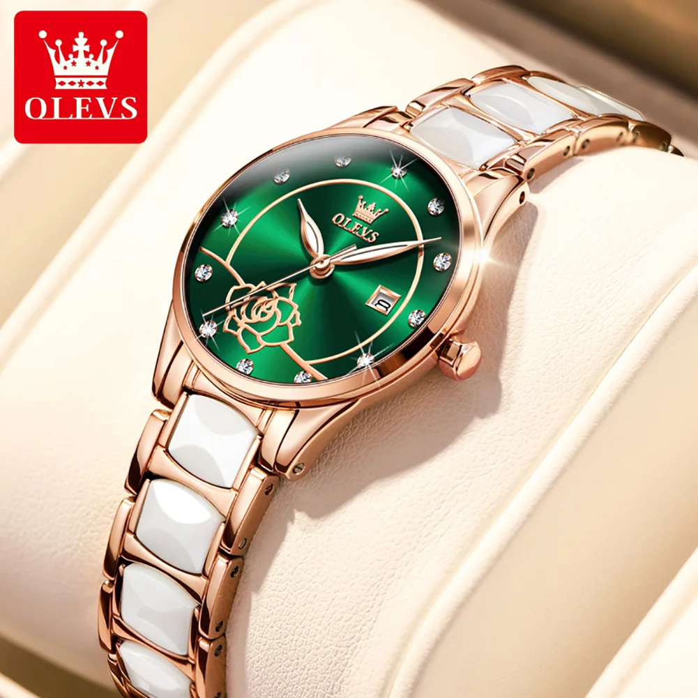 OLEVS 3606 Quartz Fashion Watch Gift Ceramic Watchband Round-dial Wristwatch Calendar Luminous