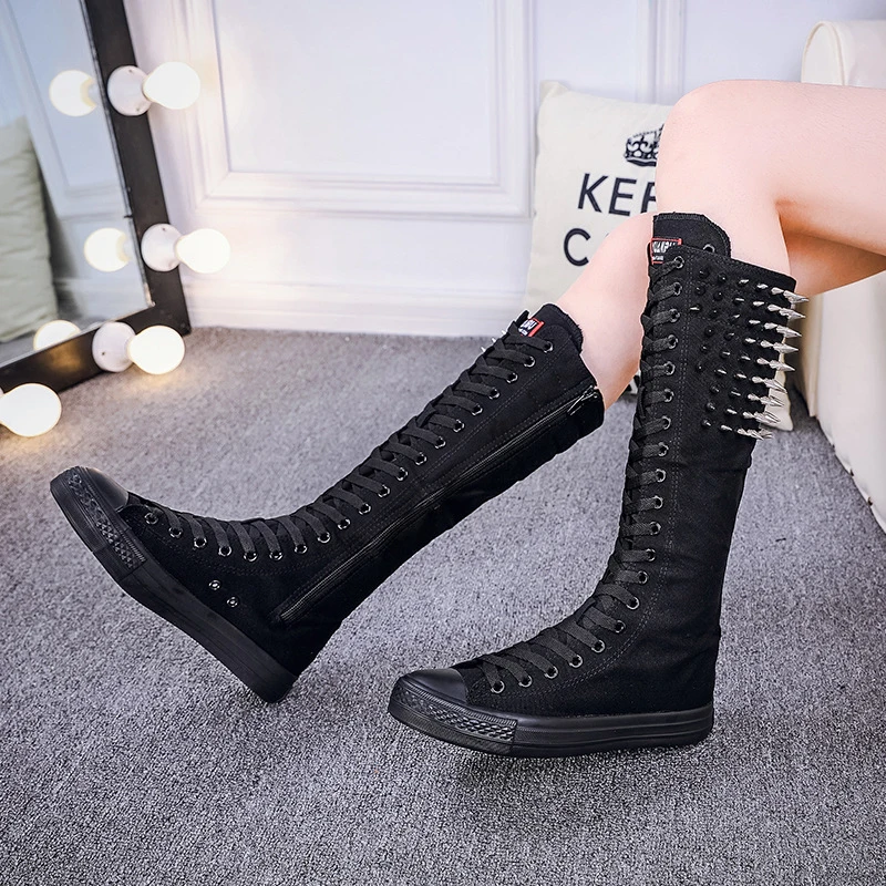 Women Canvas Boots Punk Rivet Shoes Slip On Flat Mid- Calf Sneakers Casual Comfortable Outdoor Soft Shoes Boot Plus Size 34-43