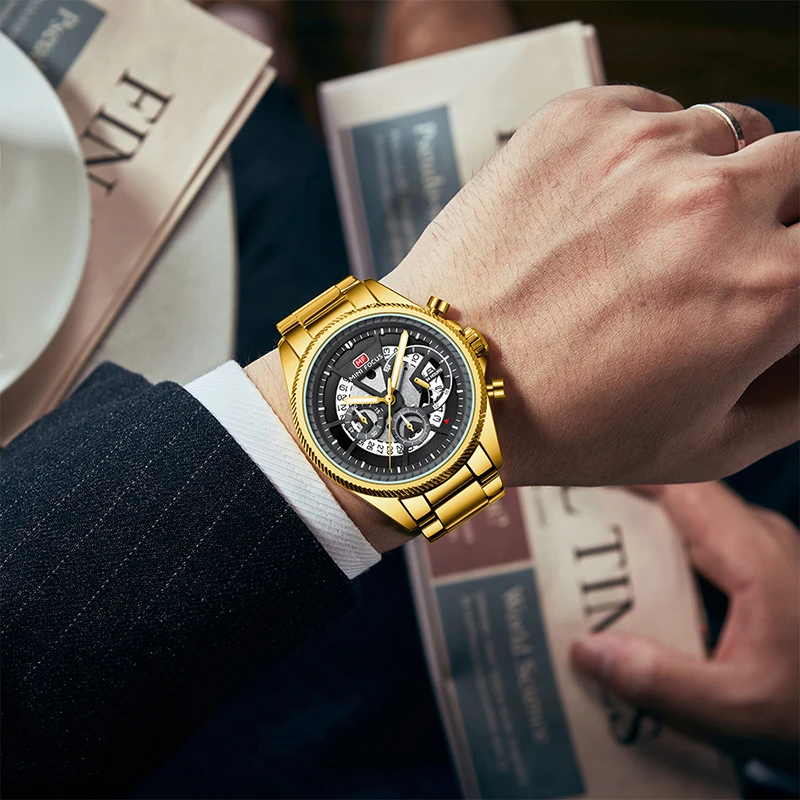 Mini Focus MF0490G Orologio da uomo semplice di lusso Cronografo con cinturino in acciaio inossidabile Lancette luminose Orologi al quarzo impermeabili