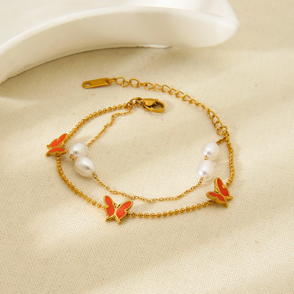 

INS 18K Gold Plated Butterfly Pearl Bracelet Orange Enamel Double Layer Stainless Steel Chain for Women Elegant Jewelry Gift