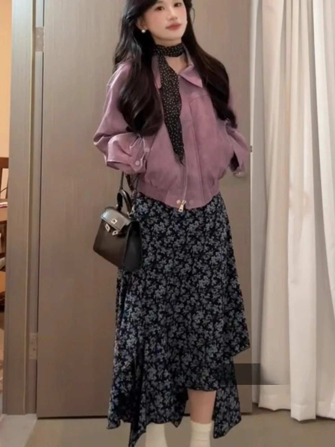 

Стильная фиолетовая кожаная куртка для женщин, весенний комплект, мотоциклетная одежда, свободный крой, для поездок на работу, защита от УФ-излучения