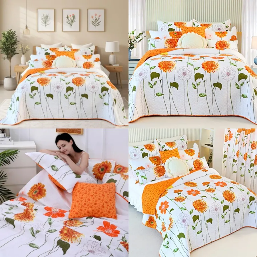 

100% Cotton Quilt Queen Size Orange Sunflower Bedding Set Floral Lightweight Full Quilt Reversible Coverlet Bedspread with 2 Pillow Shams All Seasons 3 Pieces (92"x96")