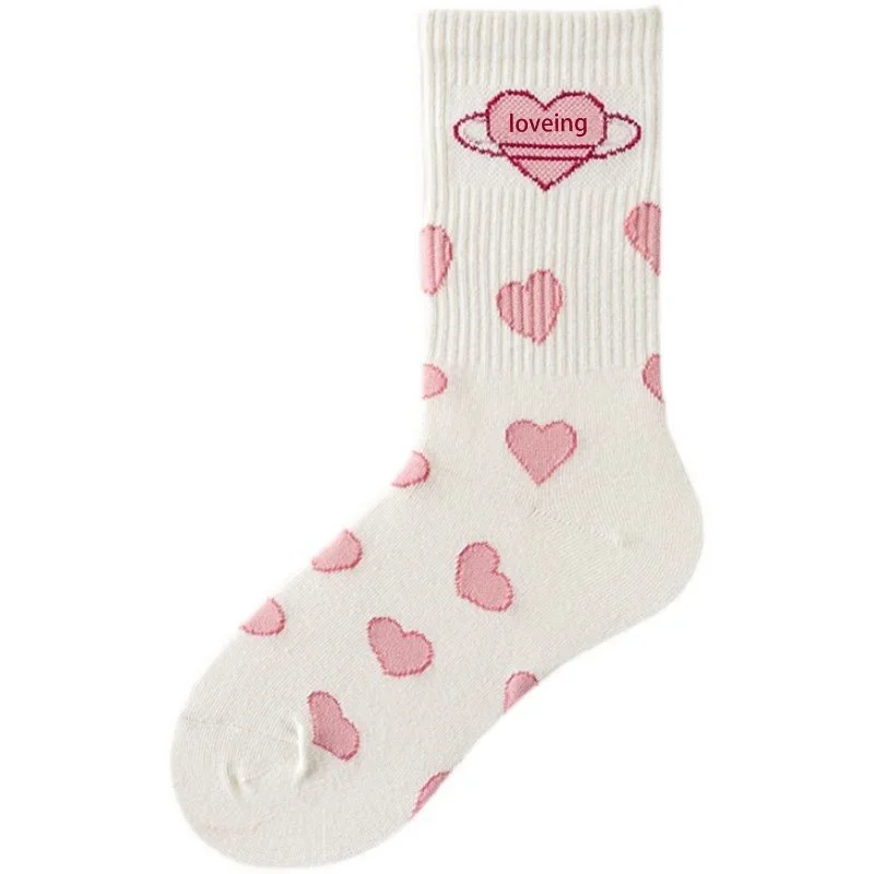 1 Pairs Pink Love Mid-tube Sock Cute Students Girls JK Lolita Socks Simple Fashionable Socks Women Kawaii