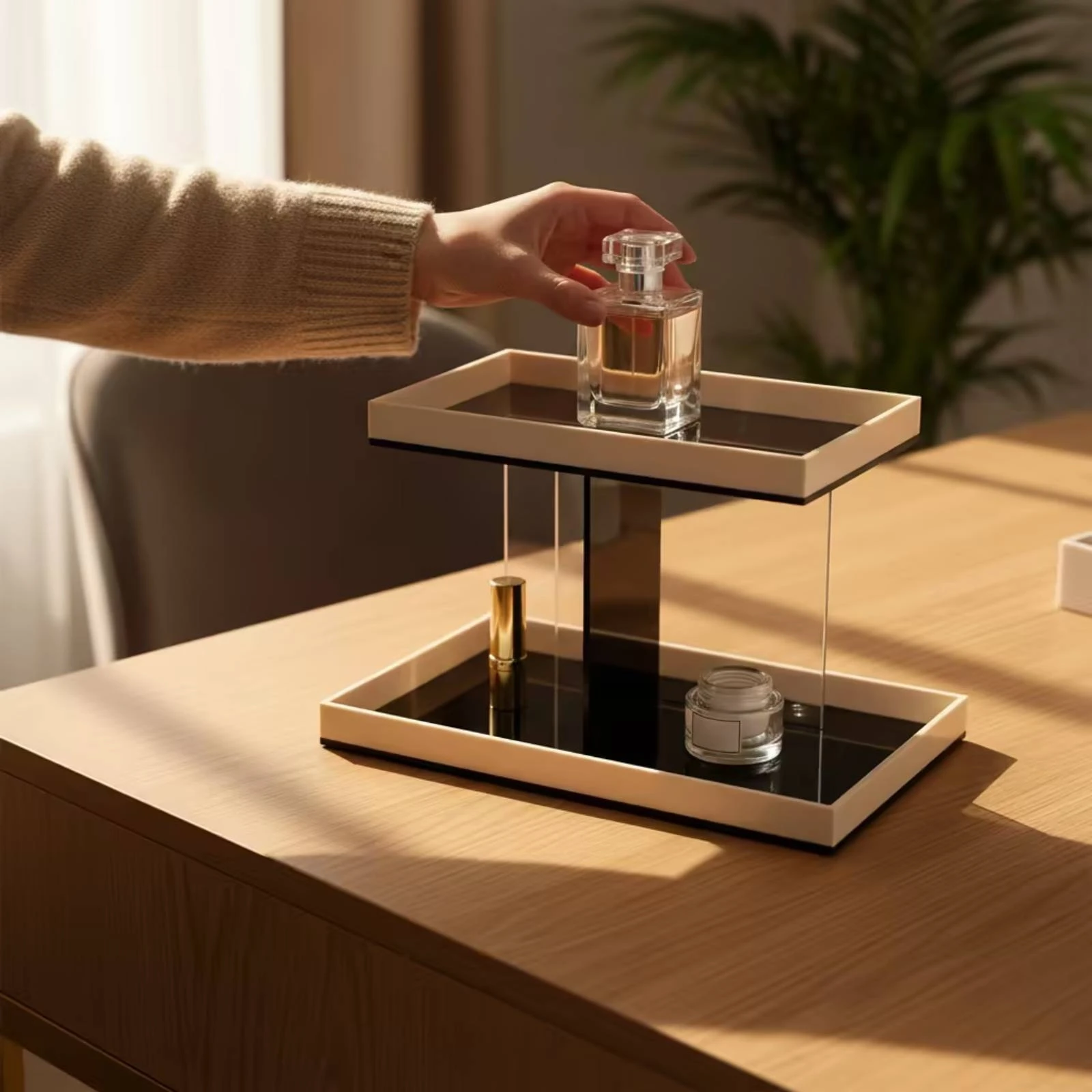 Desktop Storage Rack Modern Acrylic Rack with Trays Two-Tier Organizer Space-Saving Display Shelf Open-Design for Vanity
