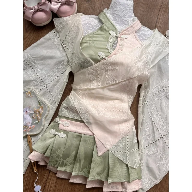 

KK563 Piece Sets Japanese Style New Lolita Women Elegant Bow Cropped Coat Tops Lace Ruffles Pleated Skirt Suit Female Sweet Outf
