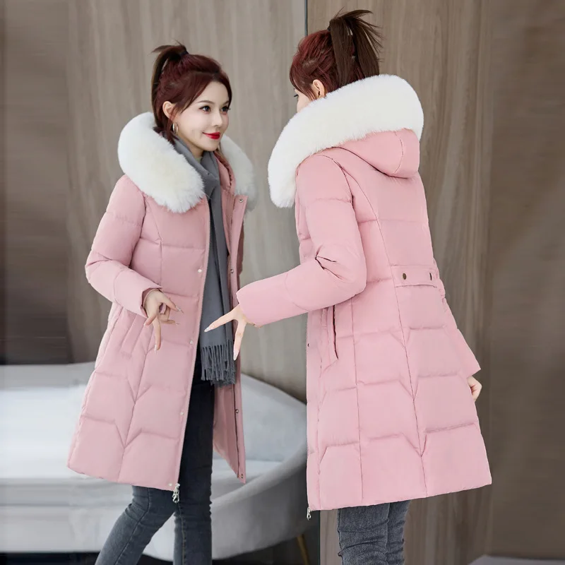 Winter 2024 New Women\'s Cotton Coat Large Collar Long Length Slim Fit Korean Style Down Cotton Padded Jacket Smooth Sihouette