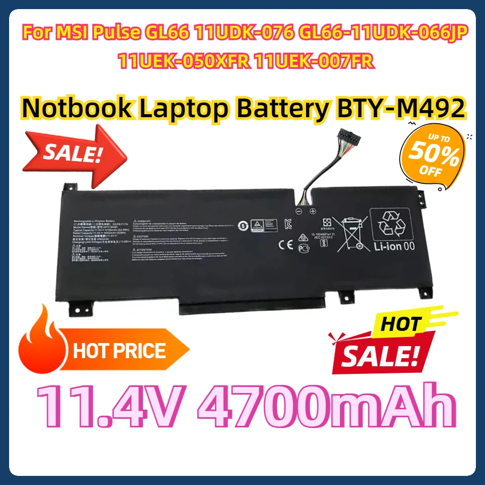 

For MSI Pulse GL66 11UDK-076 GL66-11UDK-066JP 11UEK-050XFR 11UEK-007FR Notbook Laptop Battery BTY-M492