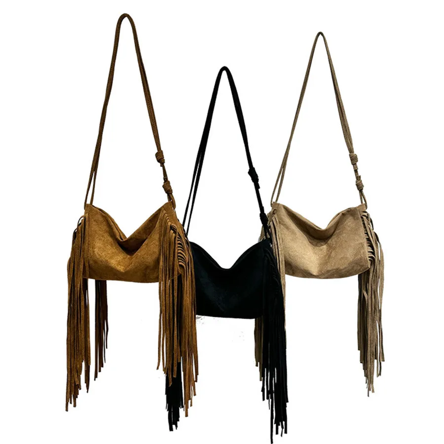 2026 Suede Shoulder Crossbody Bags For Women Tassel Large Capacity Travel Handbags Vintage Female Tote Bags