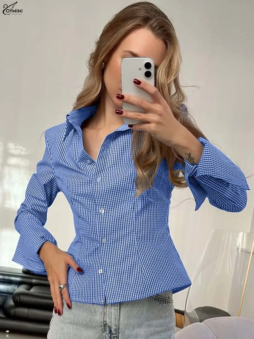 

Oymimi Elegant Blue Print Woman Blouses Fashion Turn-Down Collar Long Sleeve Blouses Casual Button Slim Shirts Female Clothing