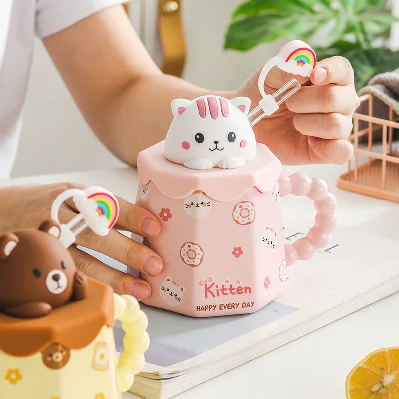 Cartoon Ceramic Mug with Lid and Spoon Creative Cute Coffee Milk Tea Breakfast Cup Drinkware Novelty Gifts 400ML Mugs