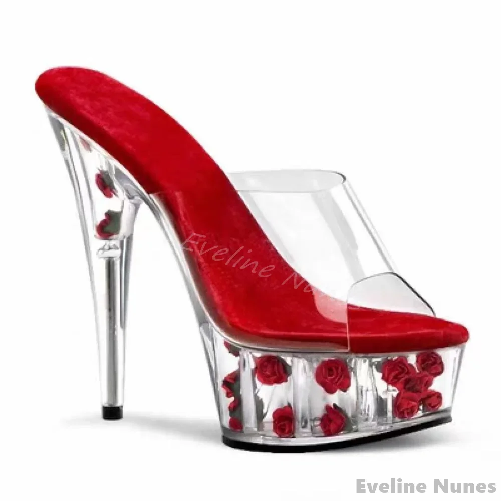 15 Cm Pole Dance Super High Heels Sandals Women Transparent Crystal Rose Flower High Heels Nightclub Sexy Stiletto Heel Slippers