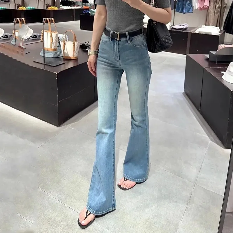 

Flare Pants Bootcut Jeans Women High Waist Jean Solid Distressed Full Length Trousers Denim Loose Pockets Zipper Fly Basics
