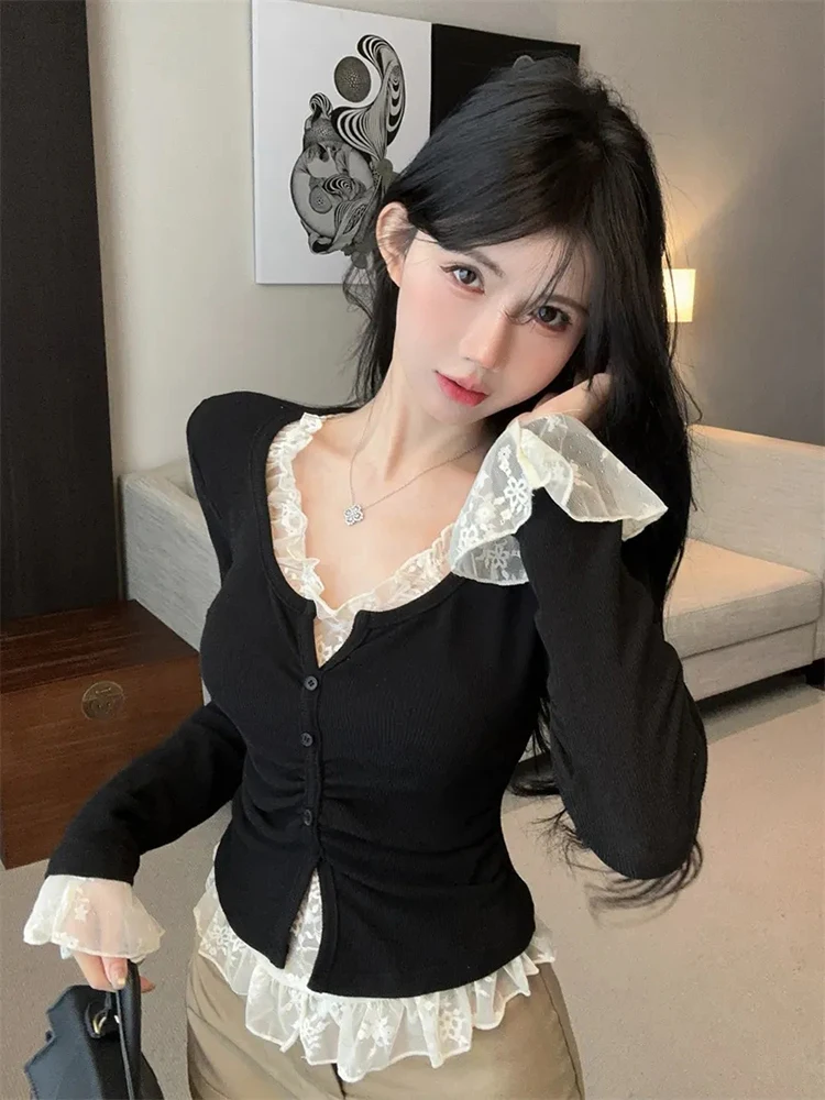 Sexy Lace Bell Sleeve Blouse Women Summer Thin Ruffles Slim Top Y2K Korean Fashion Streetwear See V Neck Pullover New