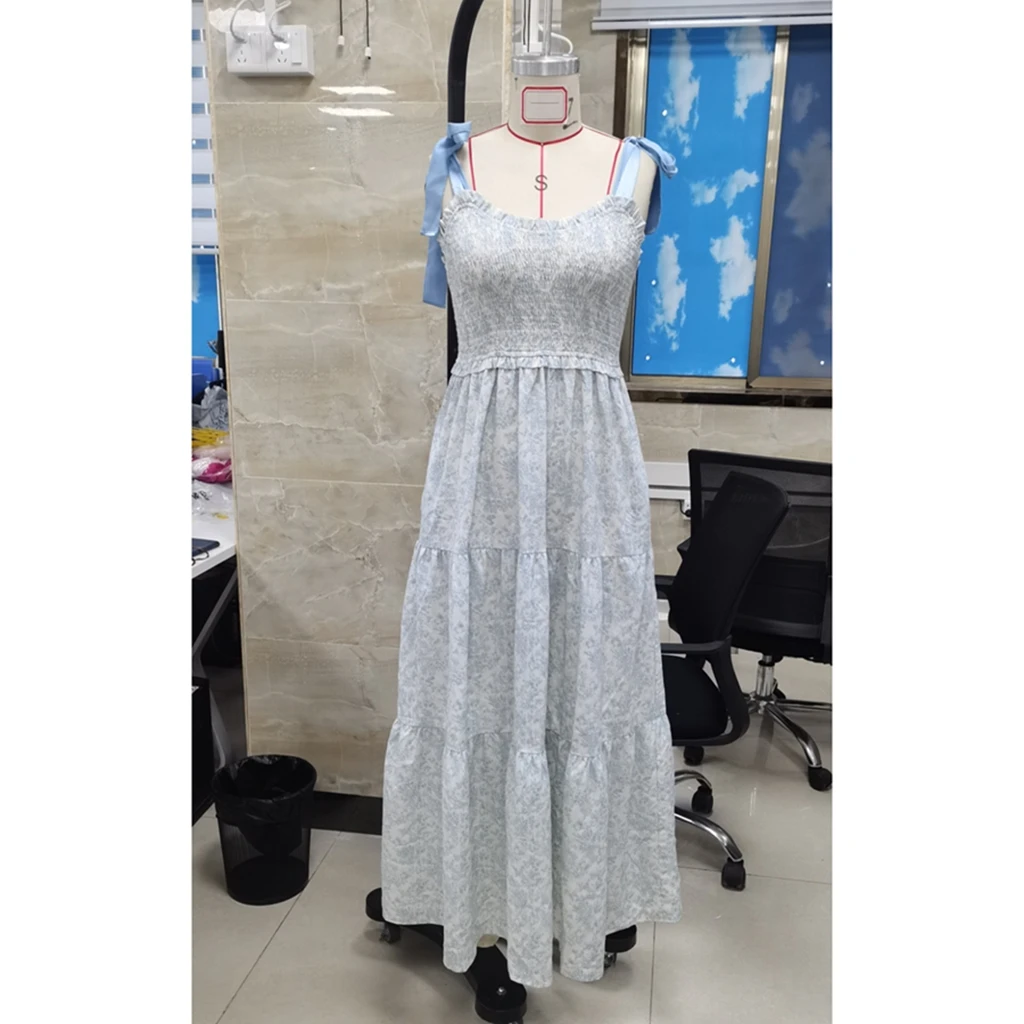 ผู้หญิงชายหาดดอกไม้ Tie ชุดไหล่ Smocked Sweetheart คอแขนกุด A-Line ยาวฉัตร Ruffle Dress