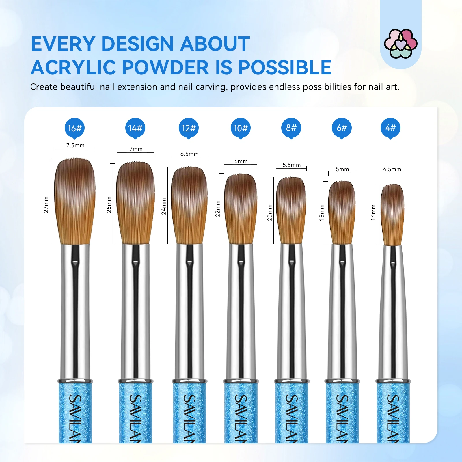SAVILAND Koinsky 7-teiliges Acryl-Nagelpinsel-Set, blaue Glitzer-Nagelkunstpinsel für Acrylpulver, Nagelverlängerung, 3D-Schnitzerei
