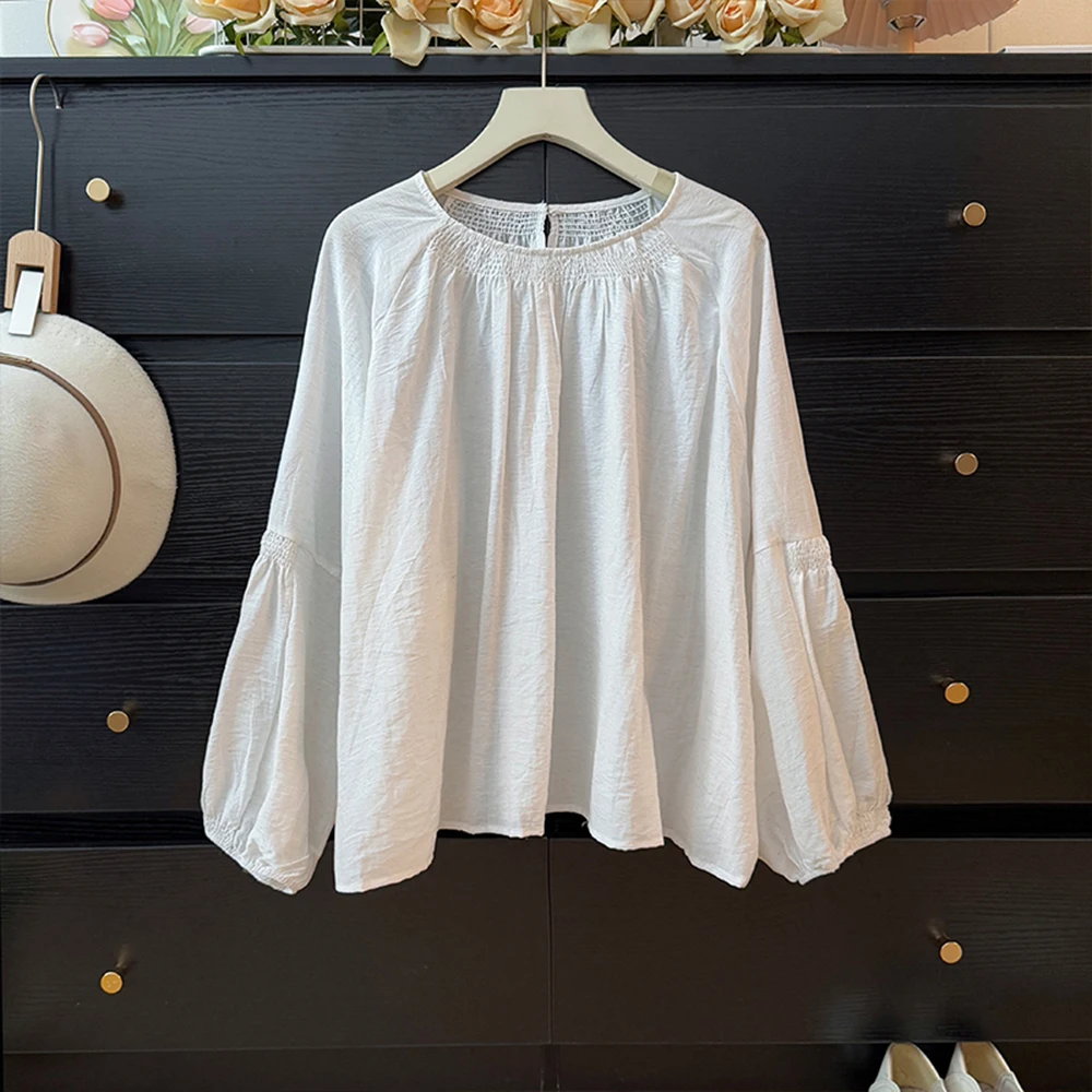 

New French Pleated Design Puff Sleeve Blouse Round Neck Top Minimalist Style Loose Shirt Womens Clothing Casual Wear Tops