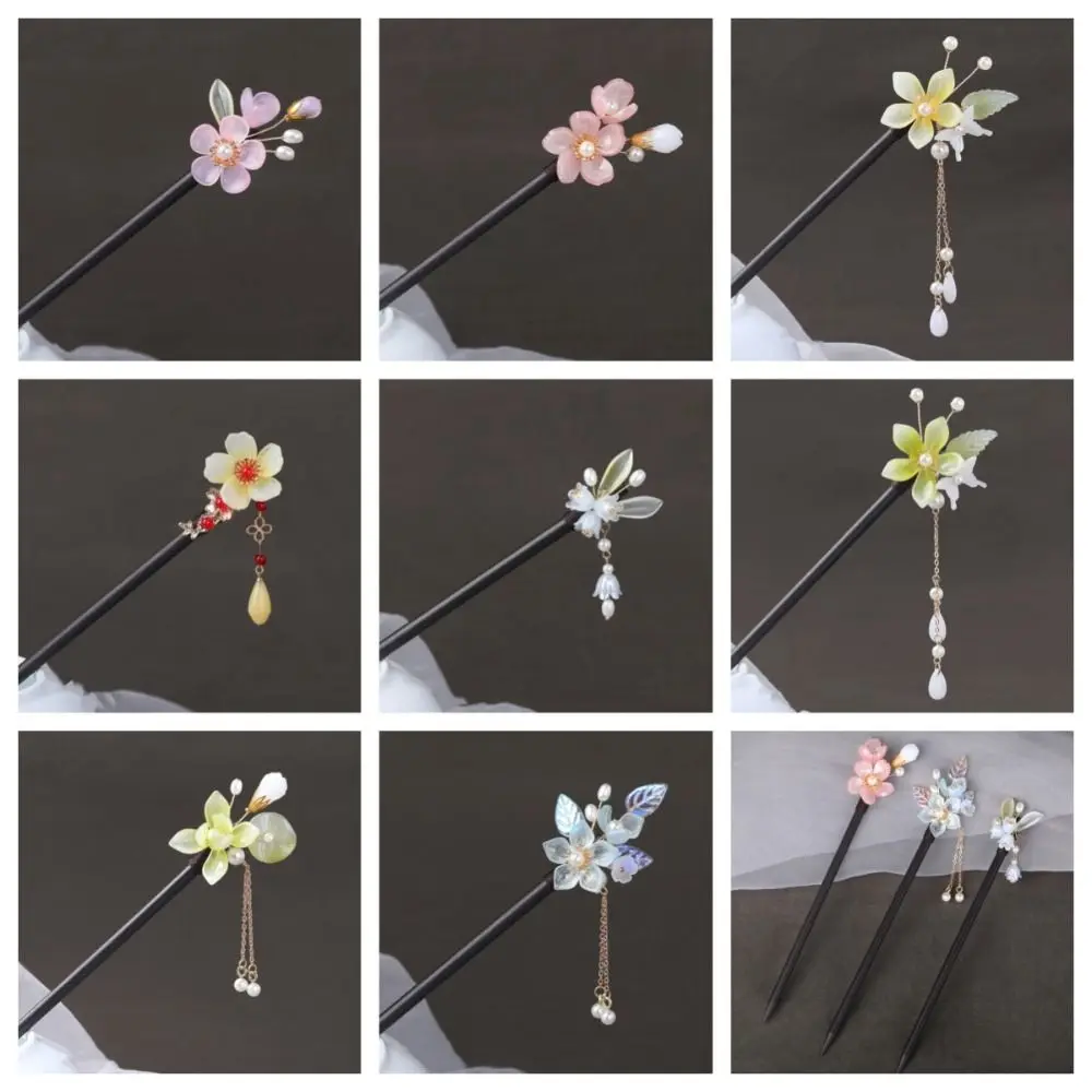 

Wood Flower Hair Stick Headpieces Tassel Chinese Style Hanfu Hair Stick Hair Chopsticks Hair Fork Pearl Hair Stick Party