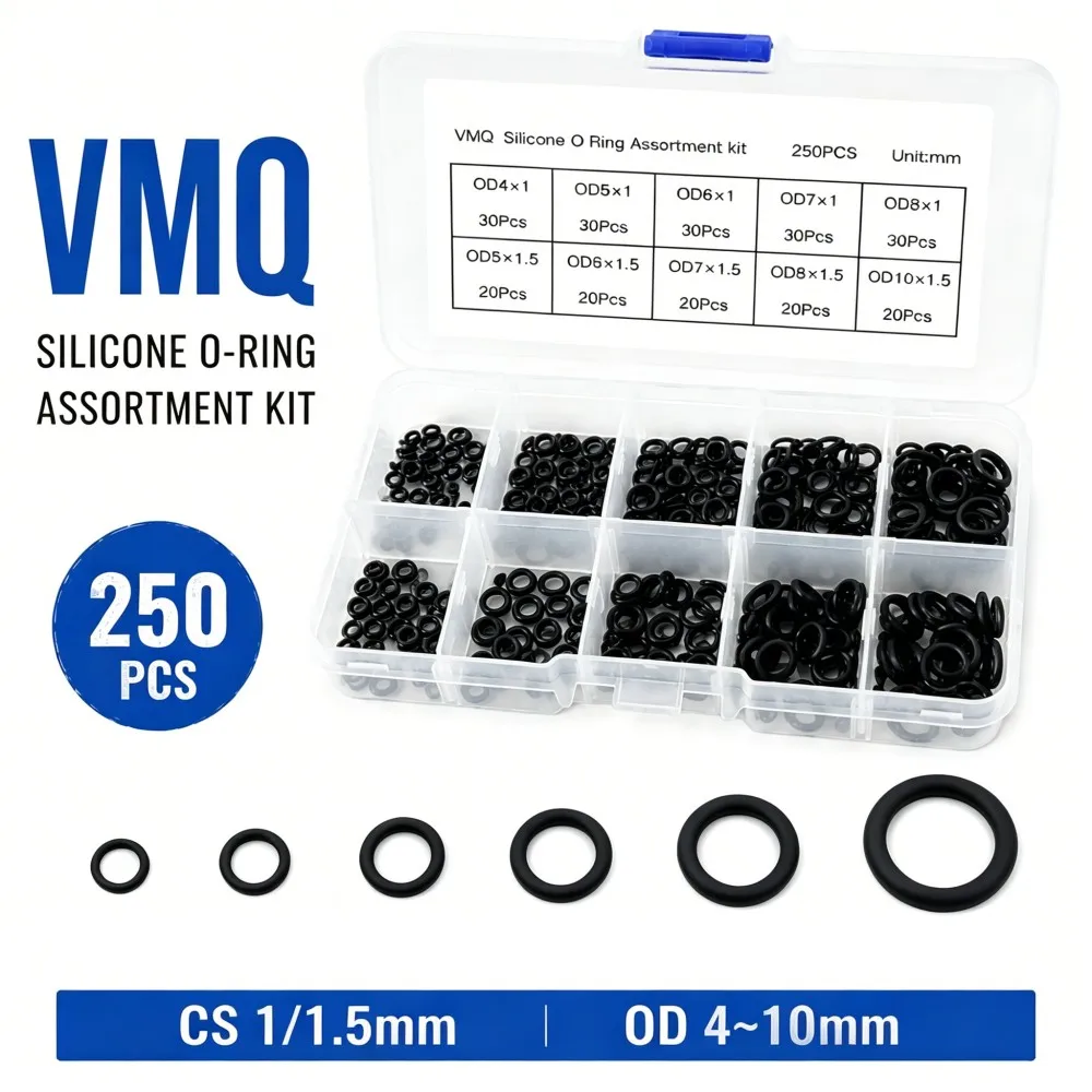 250Pcs VMQ Silicone Sealing O Ring Kit Set Black High Temp Resistant CS1/1.5mm OD4-10mm Food Grade Non-Toxic Sealing Rings